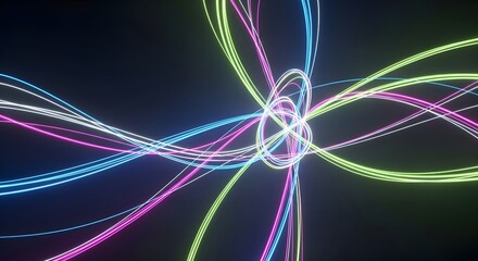 Vibrant neon light lines intertwining in a mesmerizing abstract pattern, representing energy and connection in a digital space