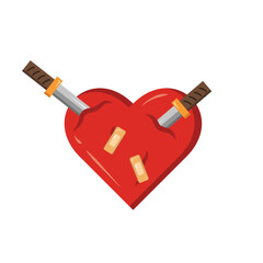 Heart Struck by Two Daggers with Bandages Vector. Broken Love and Betrayal Concept Illustration. Emotional Pain and Infidelity Clipart.