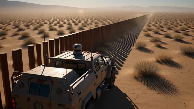 Tactical border patrol truck driving along a massive security wall in a sunny arid desert landscape, illustrating national defense and surveillance concepts in a realistic 3D render