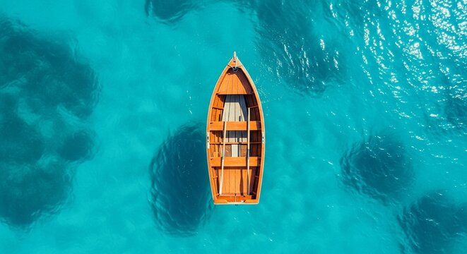 Serene aerial view of a wooden rowboat floating alone on crystal clear turquoise ocean water - Powered by Adobe