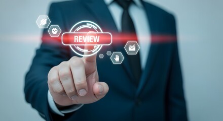 Businessman touching virtual reality interface with ready text and icons