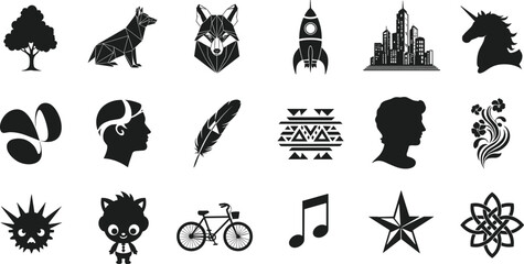 Mixed silhouette icons, tree, wolf, rocket, skyline, unicorn, feather, tribal, cat, atomic, flat vector, cad drawing flat vector illustration