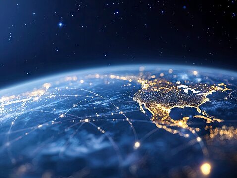A view of Earth from space at night, with North America illuminated by city lights and interconnected by a glowing network. - Powered by Adobe