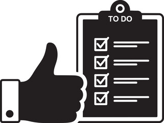 Black thumbs up icon next to a black to do list clipboard with checkboxes checklist hand isolated on a white background.
