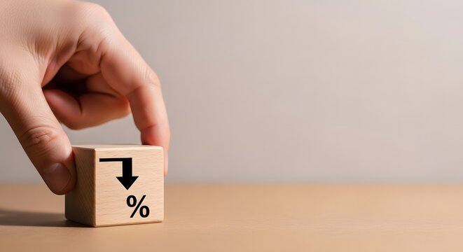 Hand touching wooden block with downward arrow and percentage sign