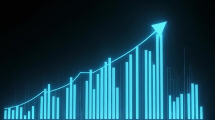Glowing blue bar chart with an upward trend line and arrow on a dark background, symbolizing business growth and financial success. - Powered by Adobe
