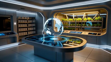 Futuristic sci-fi laboratory interior featuring a blue holographic earth globe and hydroponic vertical farming shelves in a cinematic 3D animation, visualizing sustainable space agriculture concepts. - Powered by Adobe
