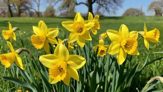Peaceful 4K close up of numerous bright yellow daffodils blooming fully in the spring season set within a lush green meadow under a clear blue sky on a perfect sunny spring day