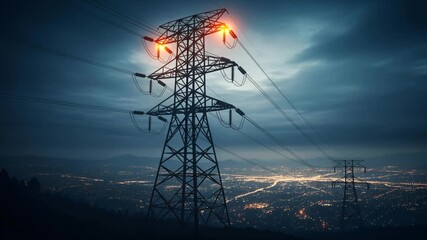 Dramatic power lines over city at night - Powered by Adobe