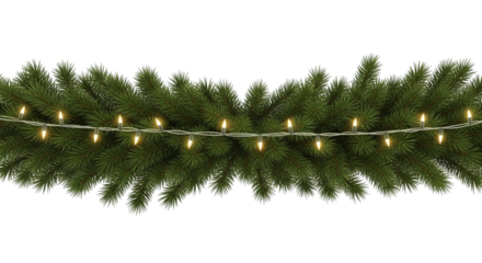 Realistic 3d rendering of a festive green fir tree garland decorated with warm white string lights, isolated on transparent background