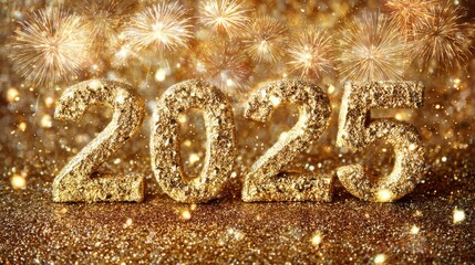 2025 new year celebration with gold numbers and fireworks in a dreamy bokeh background