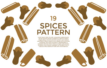 A pattern of cinnamon sticks and cloves arranged in a circular design on a white background with text in the center.