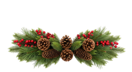 Christmas garland swag decoration with pine cones and red berry cluster isolated on transparent background for holiday design element