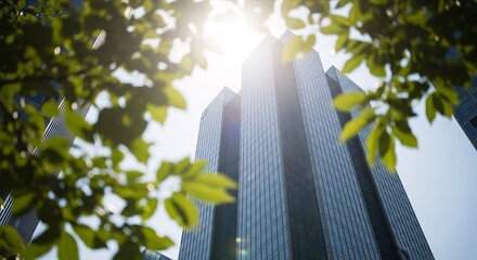 Skyscraper Building Exterior in Financial District Office Towers with Geometric Design Reflective Glass Facade Framed by Leaves and Sunburst Architecture