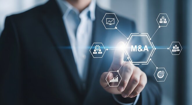 Businessman touching m and a hologram with business strategy icons - Powered by Adobe