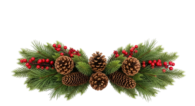 Christmas garland swag decoration with pine cones and red berry cluster isolated on transparent background for holiday design element