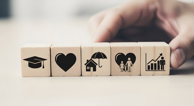 Wooden blocks displaying life goals education love home family and career
