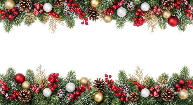 Festive christmas garland border decoration with evergreen branch, pinecone, red berry, and ornament isolated on transparent background for holiday design - Powered by Adobe