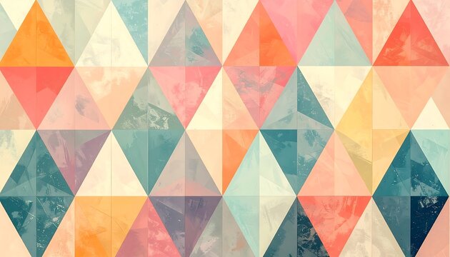 Abstract geometric pattern of pastel colored triangles with a textured, slightly aged, look and feel