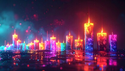 Fototapeta premium Abstract, colorful, glowing, candle-like structures on a reflective surface with light bokeh in the background