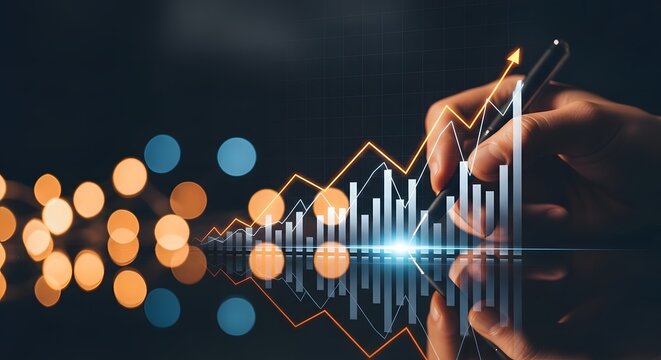 Hand analyzing financial data and stock market trends on a digital interface