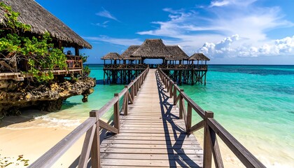 A thatched structure extends over turquoise water, accessible by a wooden bridge, under a vibrant blue sky