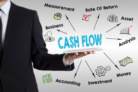 Businessman presenting a tablet showing cash flow diagram and related financial concepts