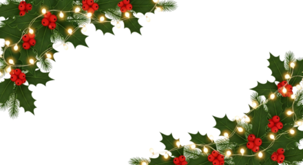 Christmas corner border decoration with green fir branches, holly leaves, red berry, and glowing string light isolated on transparent background for holiday design