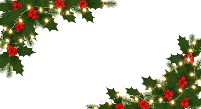 Christmas corner border decoration with green fir branches, holly leaves, red berry, and glowing string light isolated on transparent background for holiday design
