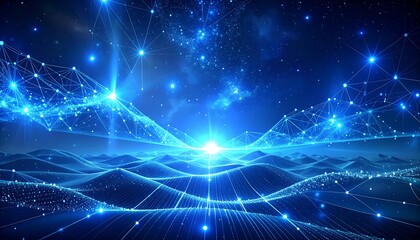 An abstract landscape with glowing lines and interconnected nodes over a cosmic-like horizon, all in shades of blue