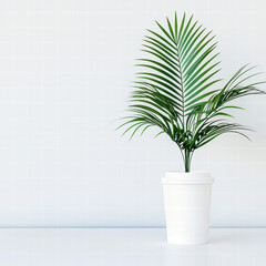 Fototapeta premium Indoor palm plant in white planter on minimal white surface with soft natural light and calm modern aesthetic