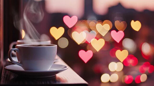 Cup of coffee with heart shaped bokeh lights in background, valentine morning video, romantic hot drink concept, love atmosphere, steaming mug
