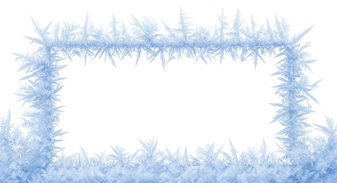 Frost pattern frame made of delicate ice crystals forming a rectangular border on a transparent background, perfect for winter holiday design elements