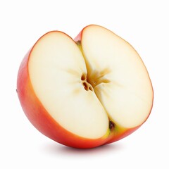 A fresh red apple cut in half revealing the white flesh and core seeds isolated on white background