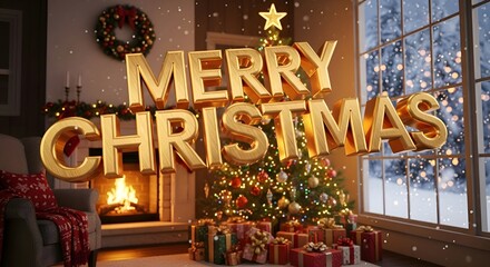Warm and inviting Christmas living room interior featuring a lit fireplace, a decorated tree, and falling snow for a magical holiday greeting card