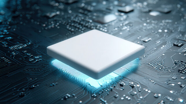 Close up of a glowing computer chip on a circuit board