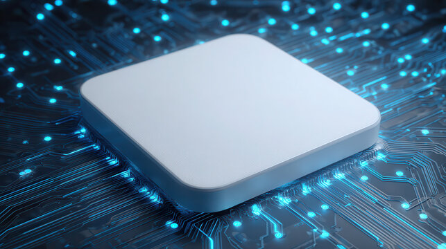 Futuristic white microchip on glowing blue circuit board background