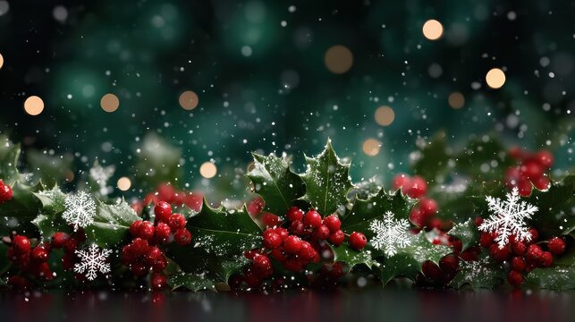 a festive merry christmas banner with snowflakes holly and bokeh lights