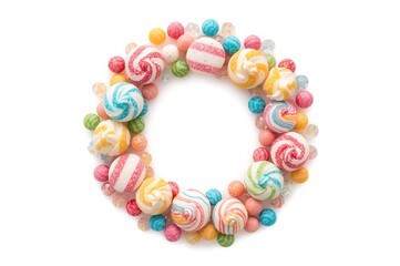 Obraz premium Colorful swirl lollipops and candies arranged in a circle on white background