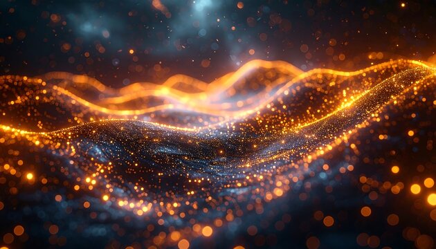 Abstract glowing particles flowing on a textured surface in blue and orange tones against a dark background