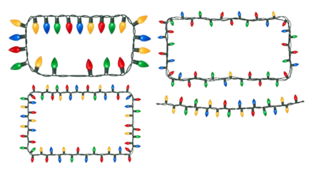 Set of four colorful string light borders and garland frames for holiday decoration, isolated on transparent background