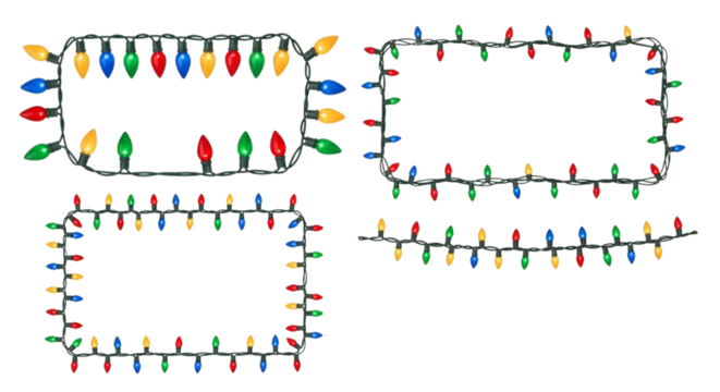 Set of four colorful string light borders and garland frames for holiday decoration, isolated on transparent background