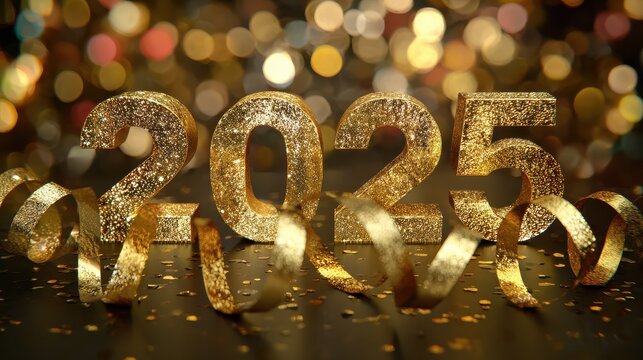 golden ribbons and 2025 text with festive bokeh lights for new year celebration