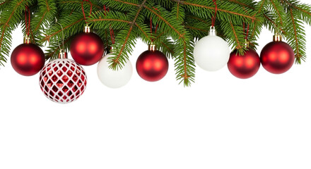 Christmas fir tree branch border decoration with shiny red and white bauble ornaments hanging against a transparent background, isolated on transparent background