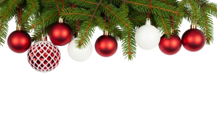 Christmas fir tree branch border decoration with shiny red and white bauble ornaments hanging against a transparent background, isolated on transparent background