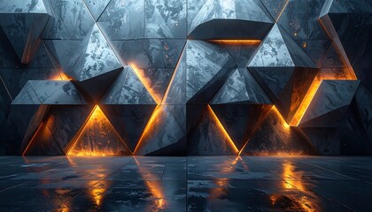 Abstract sharp triangles meet warm, radiant orange glow on a wet surface. Dark, edgy, and futuristic space
