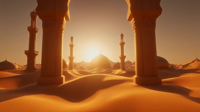 Mystical sunrise over a lost desert city with ancient arches and golden sand dunes