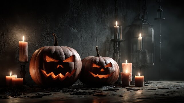 spooky halloween night with carved pumpkins and candles in a dark room