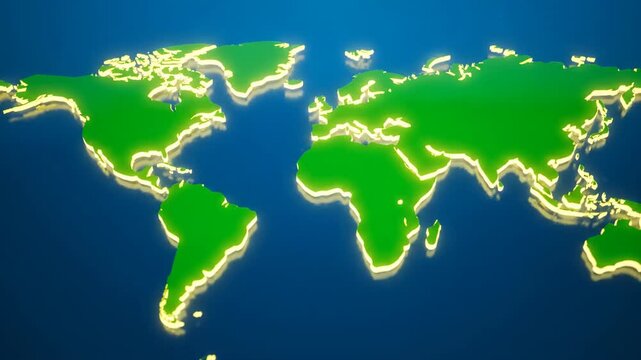 A glowing 3D world map with green continents and bright outlines on a dark blue background.