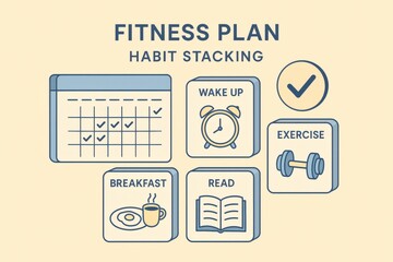 Comprehensive fitness plan illustrating habit stacking for efficient daily routines highlighting key actions including waking up exercising and mindful breakfast to enhance productivity and